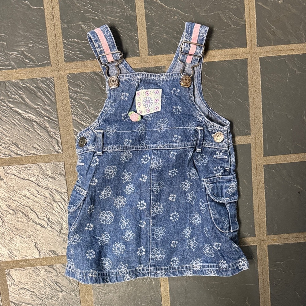 Nannette Blue Floral Denim Overall Dress with Pink Strap Accents